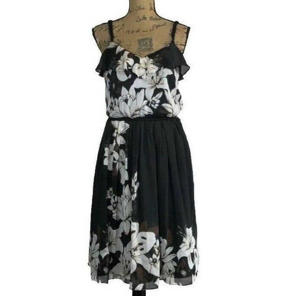 White House Black Market Dress 4 Brown Lily Floral Ruffle Braid Midi Summer